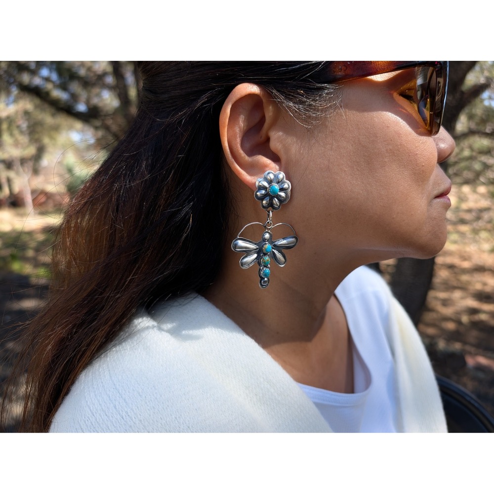 Navajo Earrings Dangle Dragonfly Signed Southwest Jewelry Native American *** - Picture 3 of 9